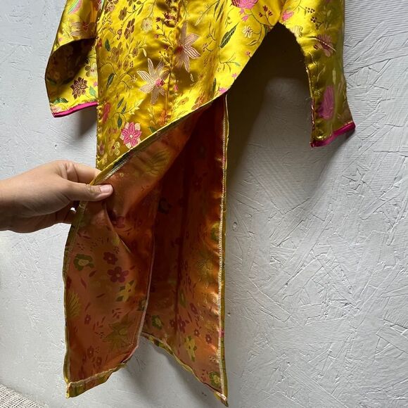 Vintage Cheongsam Qipao Floral Satin yellow Pink Dress size 10 - Picture 4 of 7